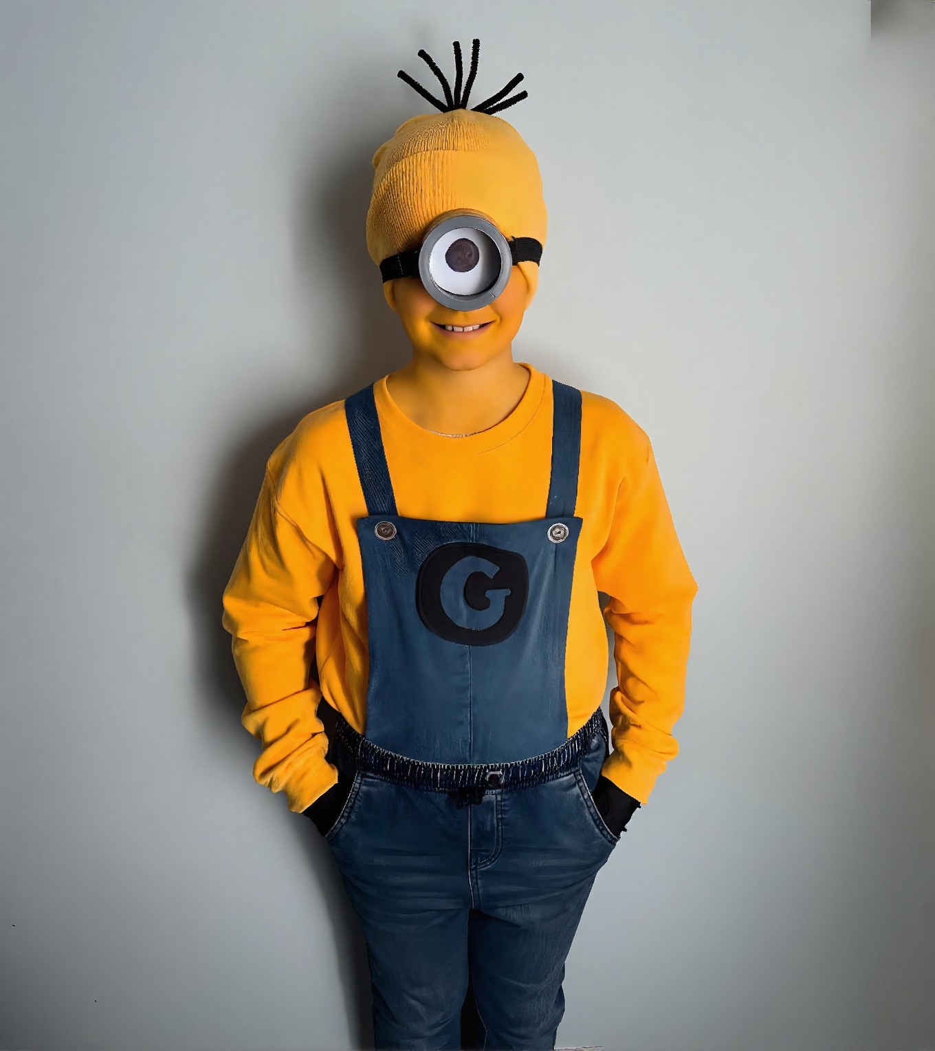 Child in Minion character face and body paint with goggle detail