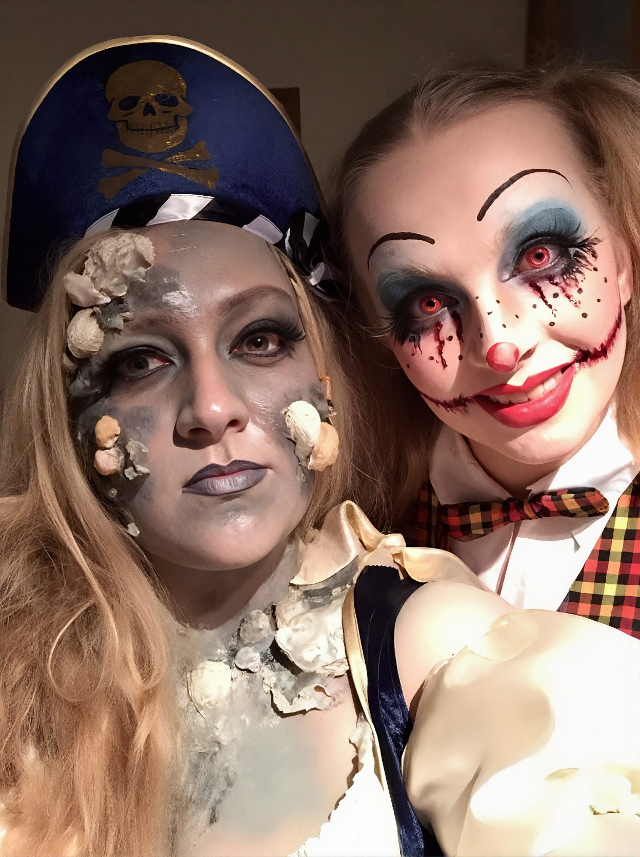 Halloween SFX makeup: zombie pirate with prosthetic bone detail beside an evil clown look