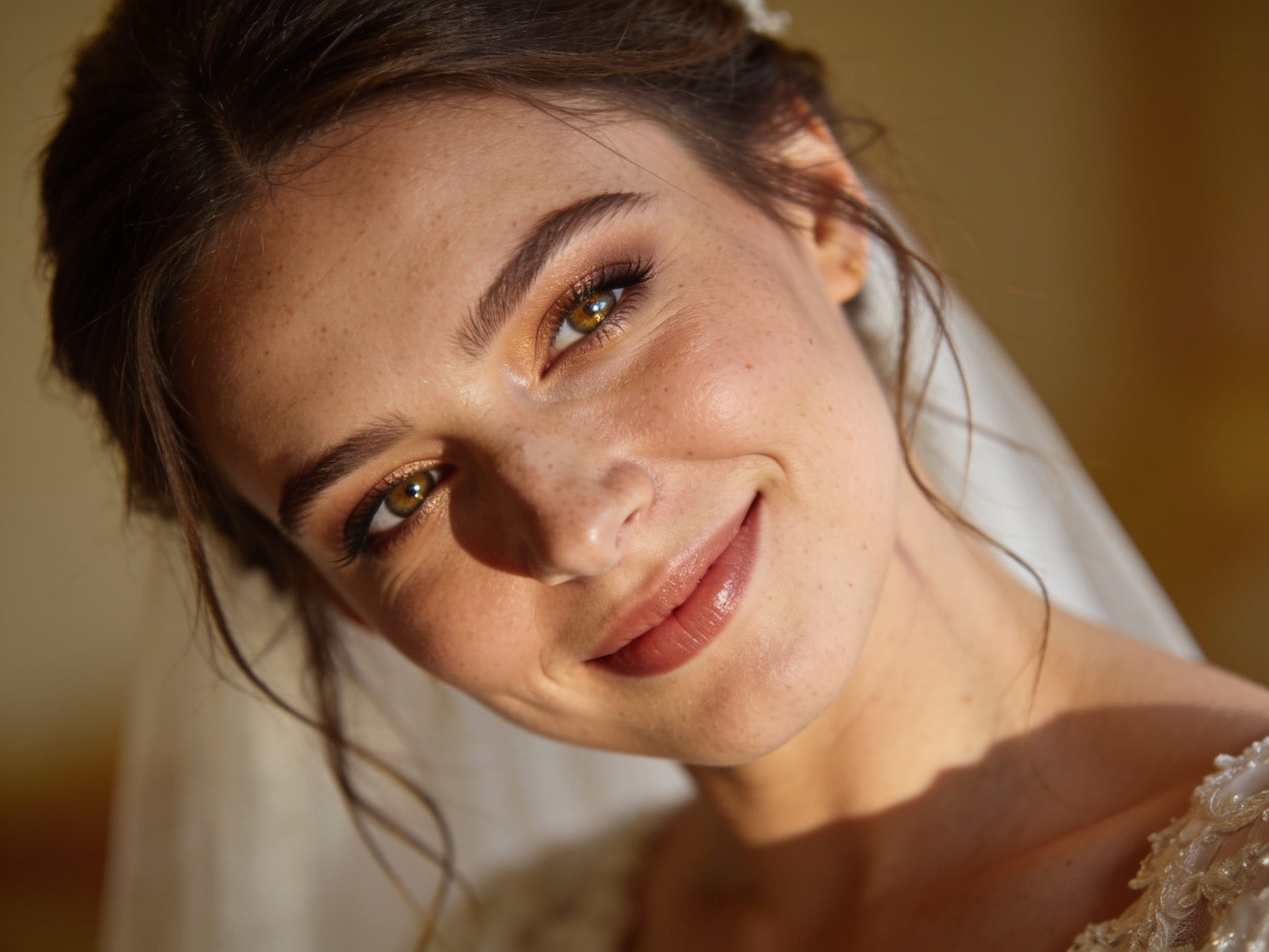 Bride wearing light natural makeup in warm sunlight